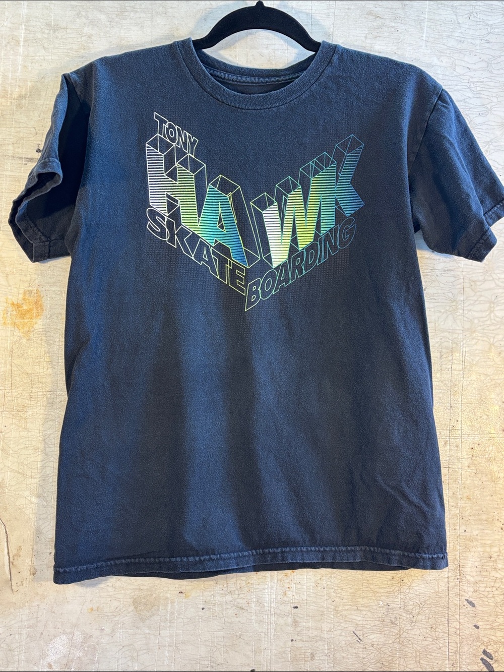 Tony Hawk Black Tee with Green-to-Blue Geometric 'HAWK' Graphic